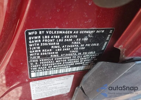 2010 Volkswagen Tiguan Sel z USA, uszkodzony, nr VIN WVGAV7AX8AW003927